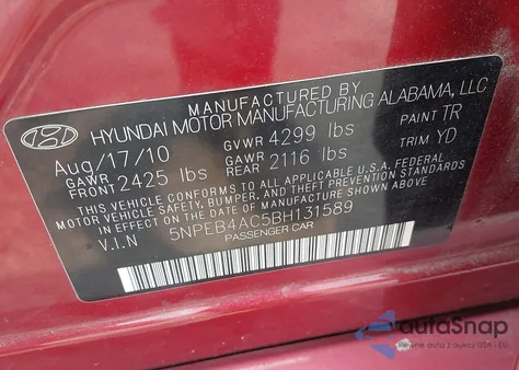 2011 Hyundai Sonata Gls from USA, damaged, VIN 5NPEB4AC5BH131589